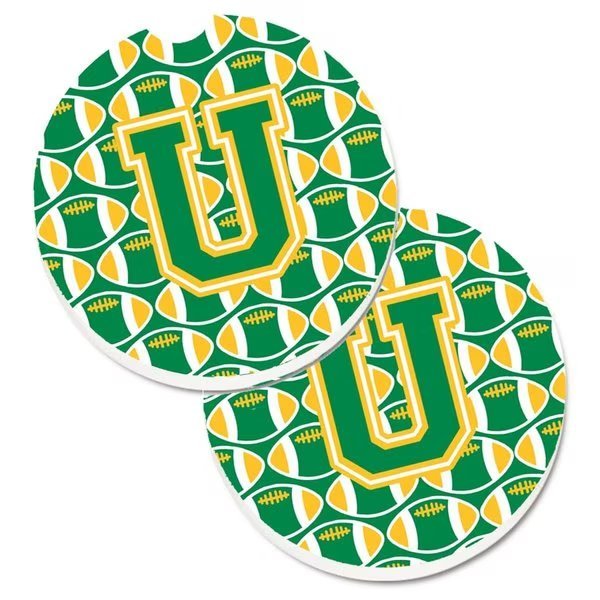 Letter U Football Green and Gold Set of 2 Cup Holder Car Coaster, Carolines Treasures, Mfr#: CJ1069-UCARC